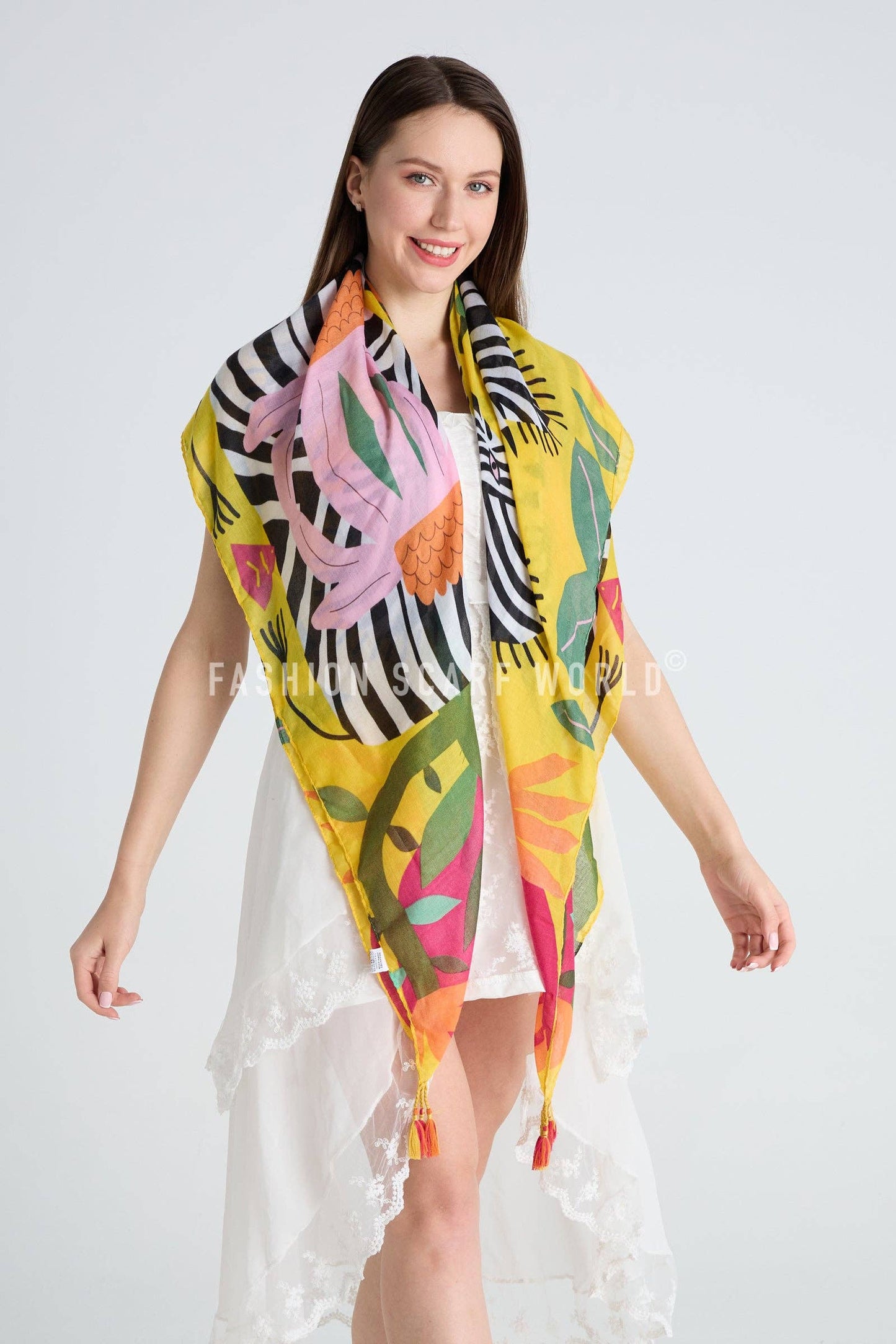 Bright Zebra Jungle Print Square Scarf: Yellow