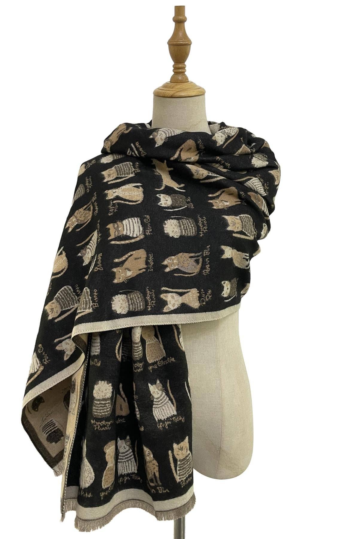 Cat Print Reversible Frayed Scarf: Black