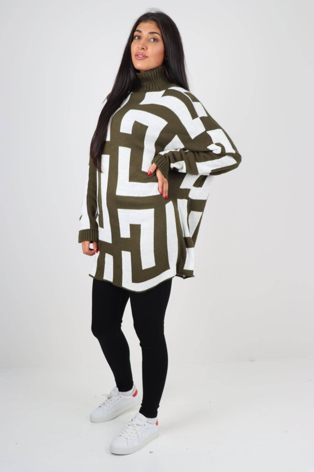 Italian High Neck Fendi Print Knitted Jumper: Khaki / One Size To Fit UK 8-24