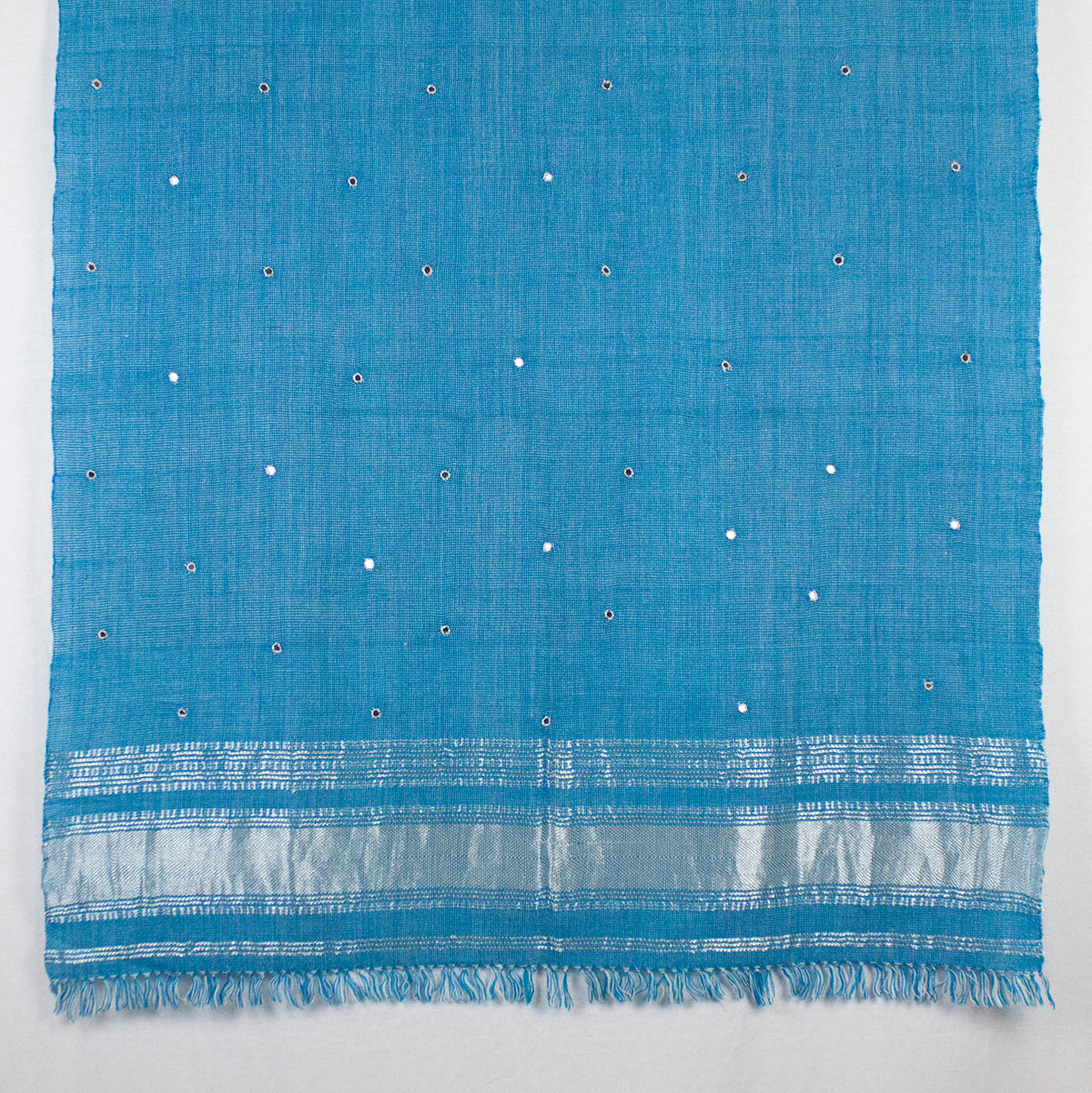 Mirror Work Lurex Border Wool Shawl - Turquoise