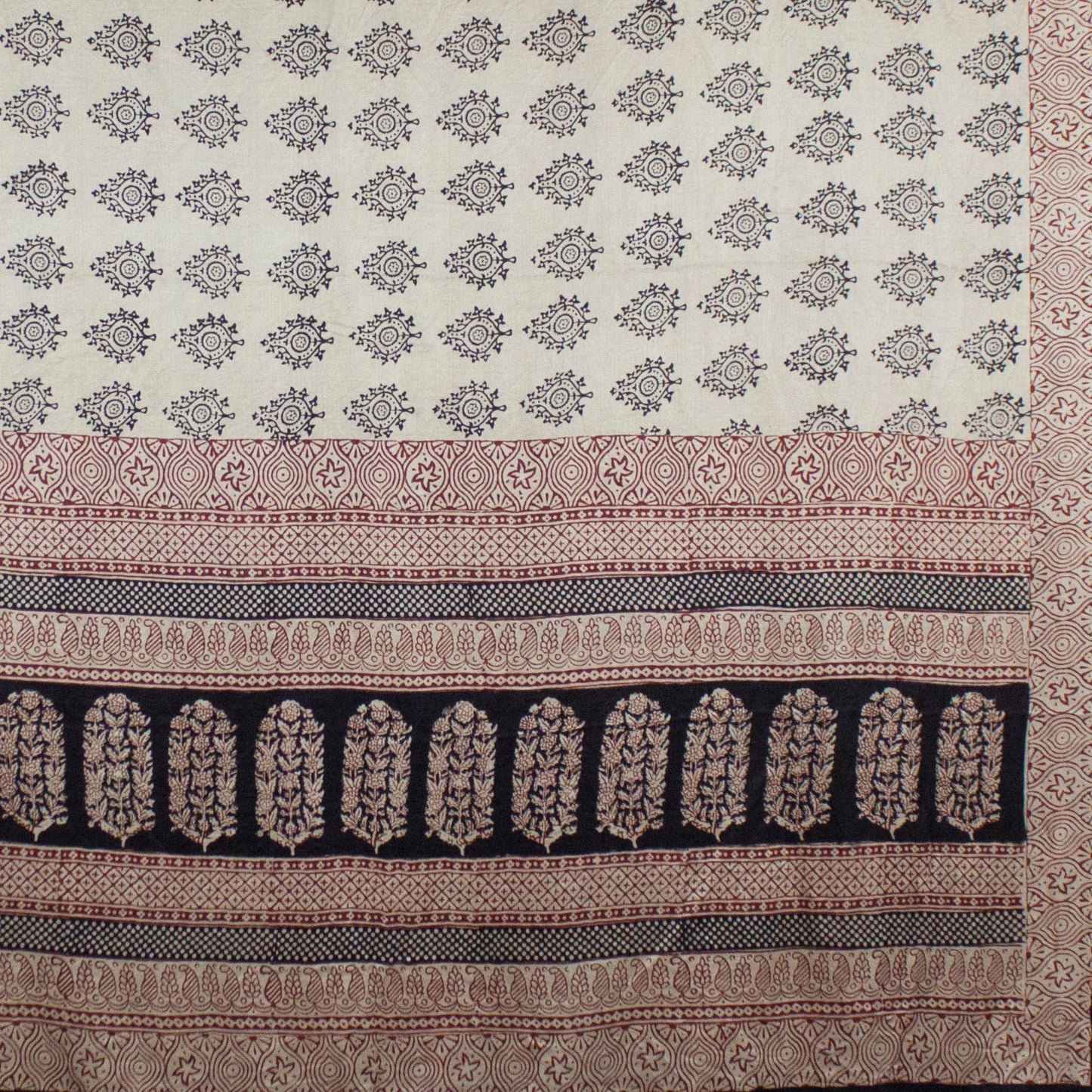 Leaf Print Bagh Hand-block Print Silk Scarf - Off White Black