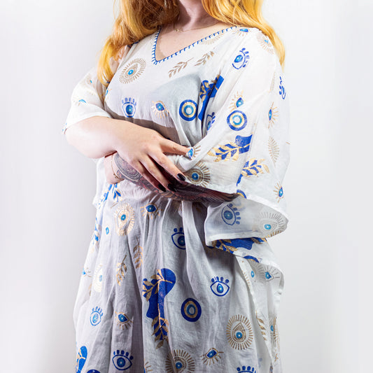 Nomad Sari On the Med Collection - Kaftan - White , Blue & Gold Evil Eye Design/cotton