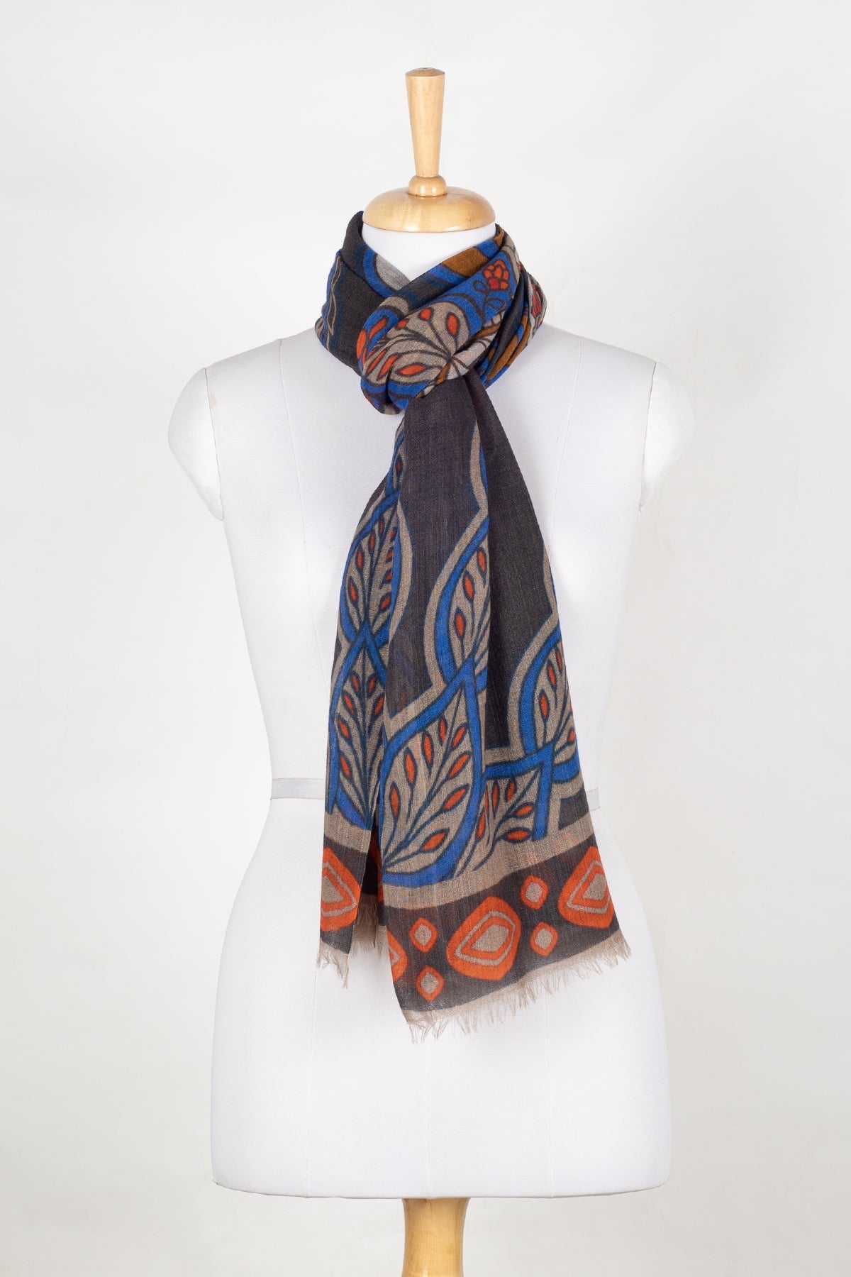 Indian Floral & Leaf Fine Wool Scarf – Grey Multicolour