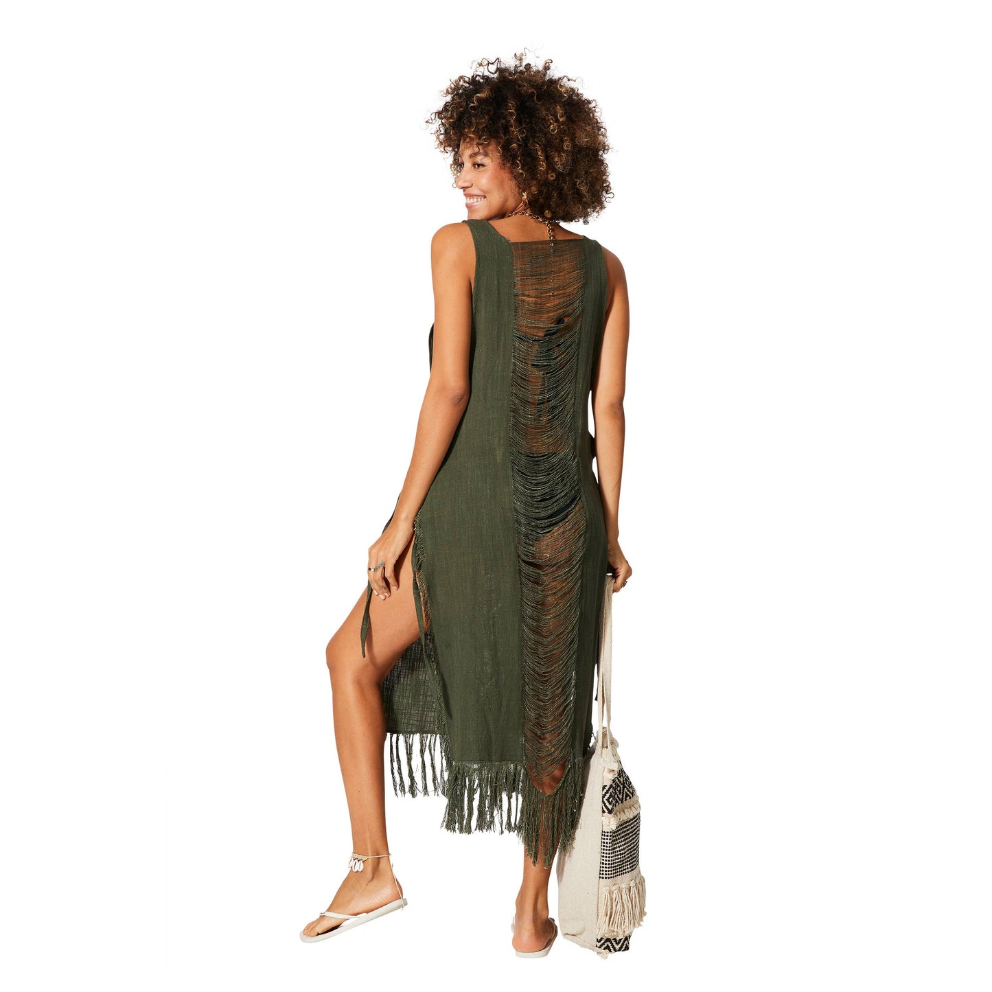 SLEEVELESS MID-LENGTH MID-LENGTH COTTON SUMMER BEACH DRES/SLASH DETAIL