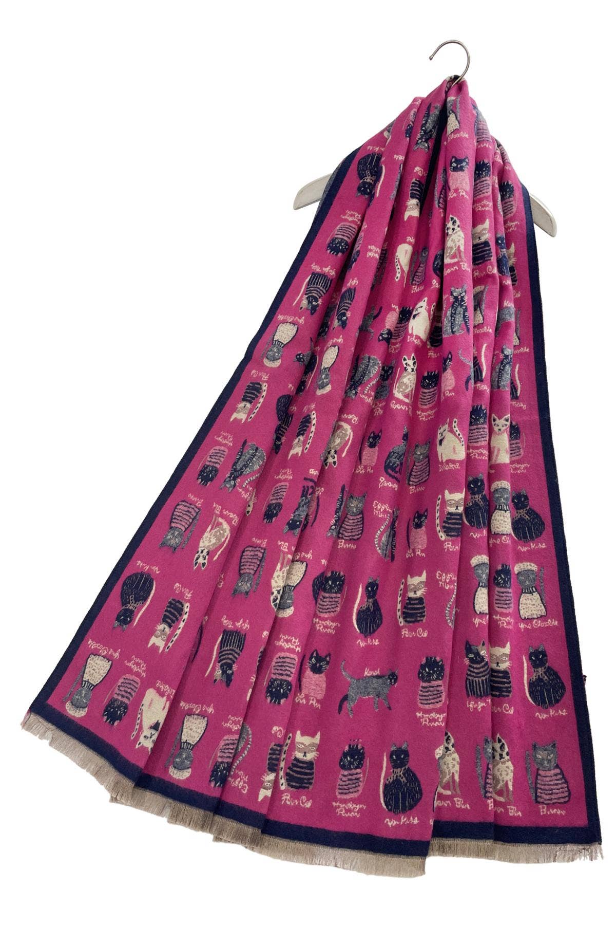 Cat Print Reversible Frayed Scarf: Black