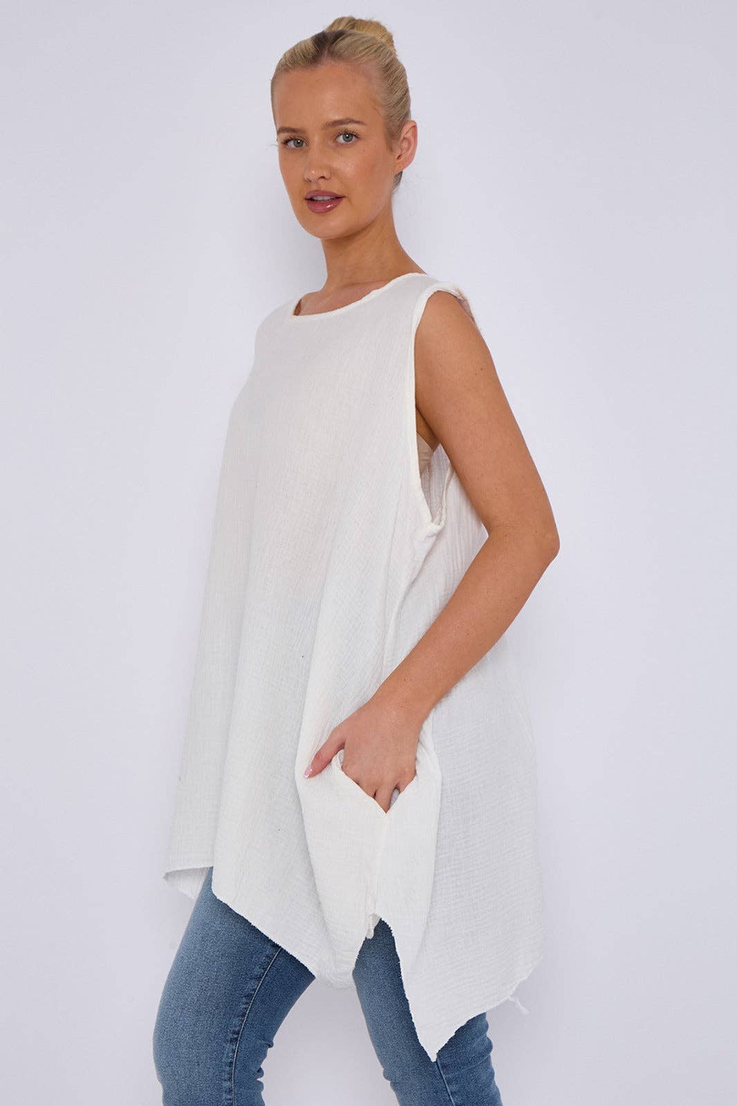 Italian Sleeveless Cheesecloth Cotton Tunic Top: Dark Green / One Size To Fit UK 8-18