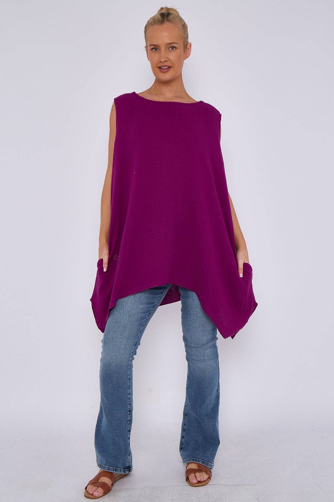 Italian Sleeveless Cheesecloth Cotton Tunic Top: Royal Blue / One Size To Fit UK 8-18