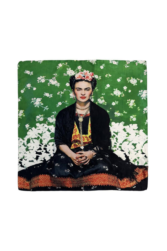 Floral Frida Kahlo Print Silk Square Scarf: Green