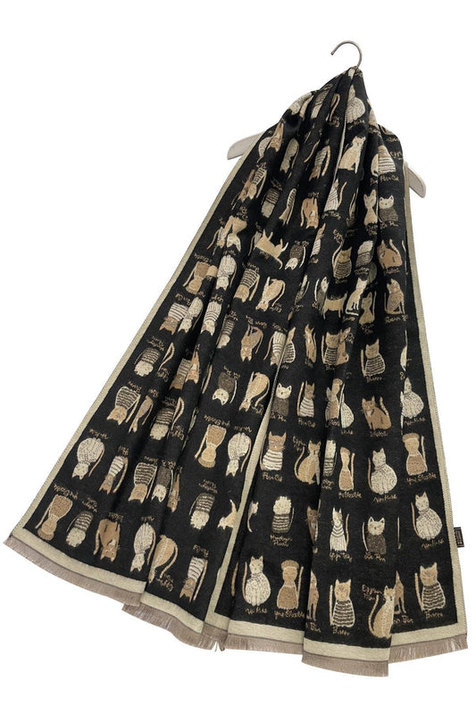Cat Print Reversible Frayed Scarf: Black