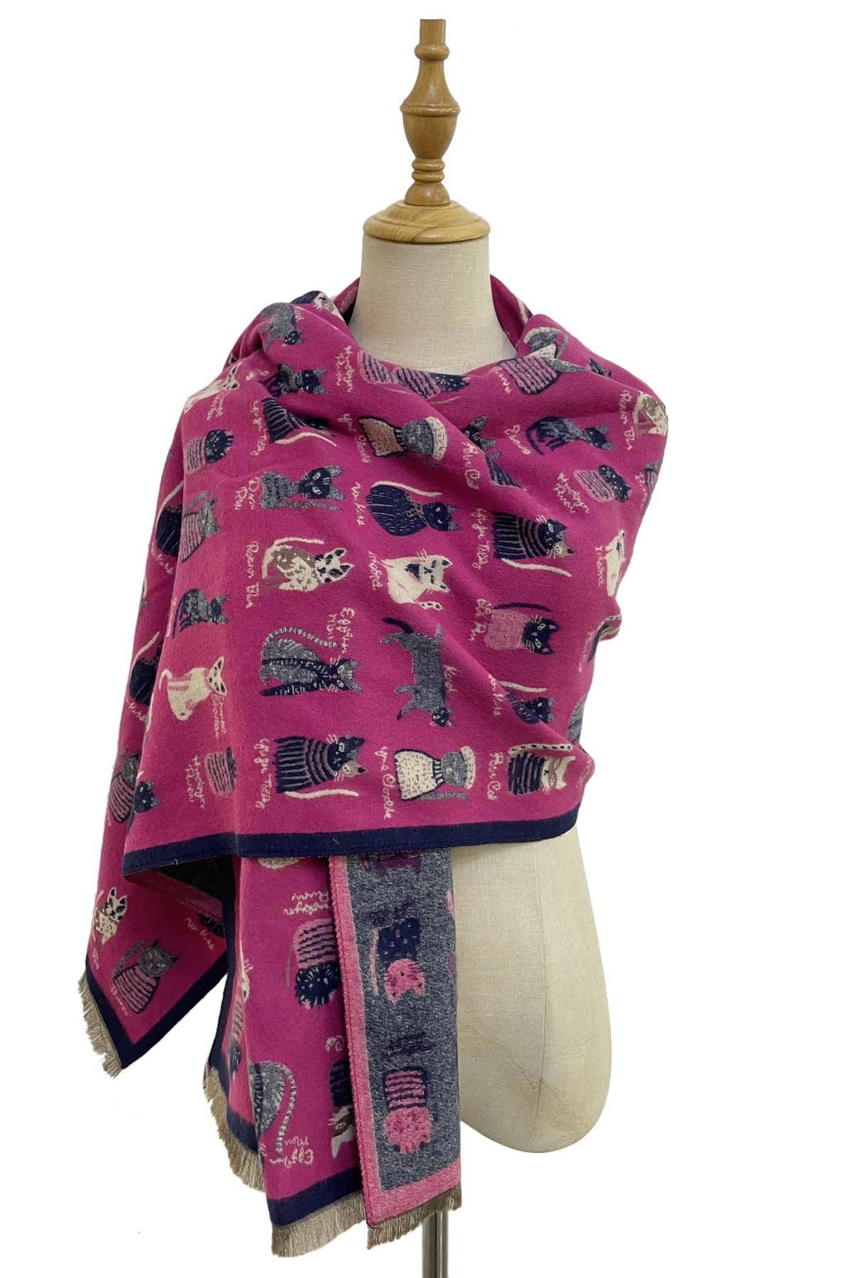 Cat Print Reversible Frayed Scarf: Black