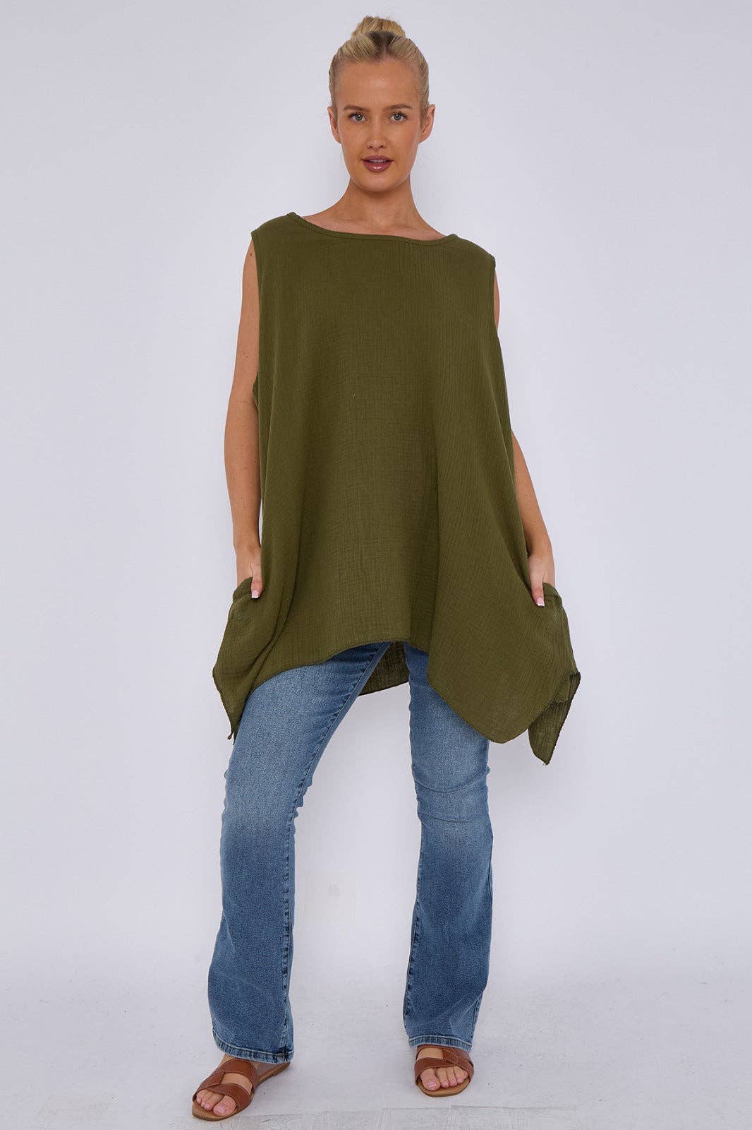 Italian Sleeveless Cheesecloth Cotton Tunic Top: Dark Green / One Size To Fit UK 8-18