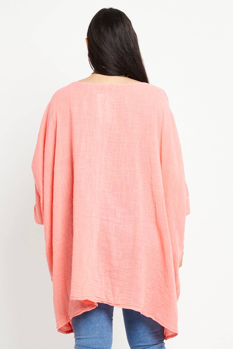 Italian Plain Cotton Necklace Batwing Boxy Top: Khaki / One Size To Fit UK 10-24