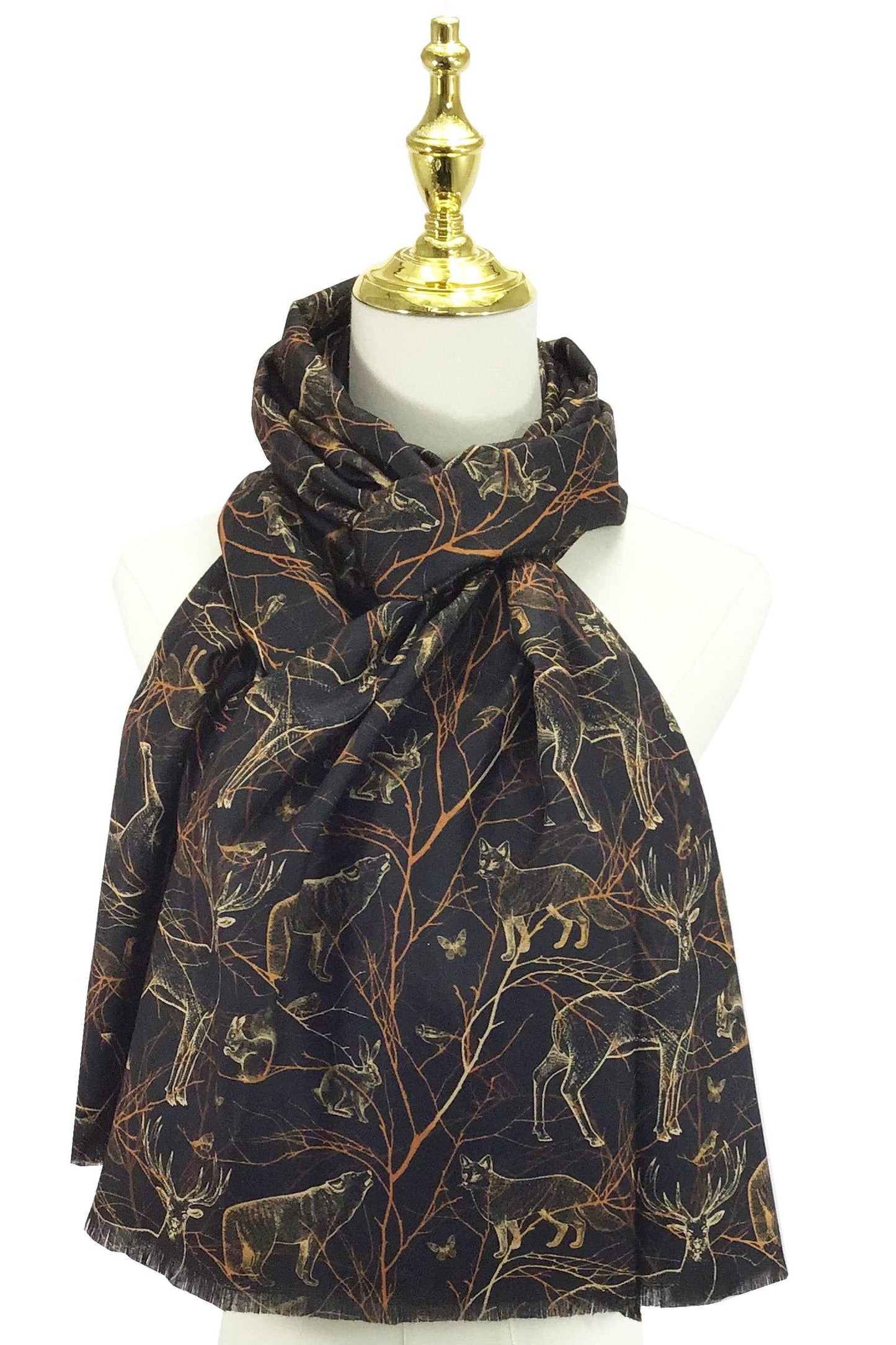 Woodland Animals Print Wool Scarf: Black