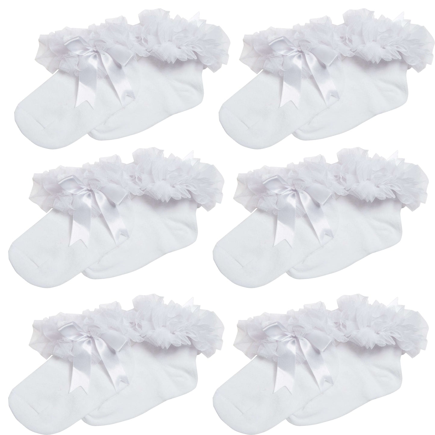 6 Pairs White Girls Tutu Frilly Ankle Socks with Lace & Bow Super Soft Wedding Christening Sock by Sock Stack