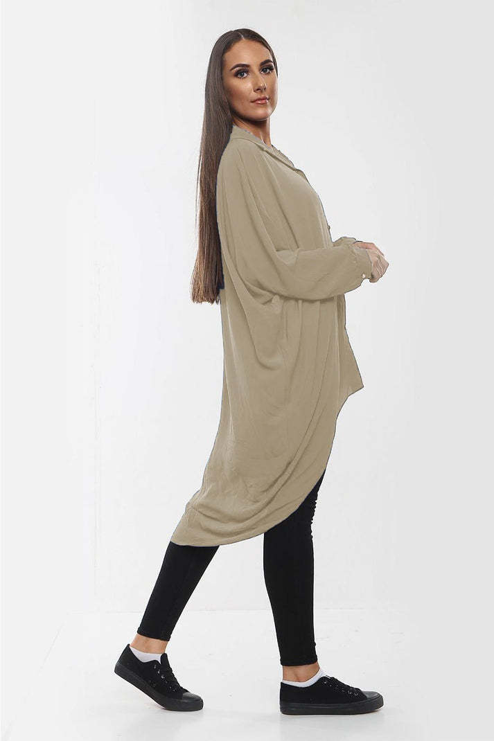 High-Low Oversized Button Long Top Shirt Dress With Hem And Long Sleeves