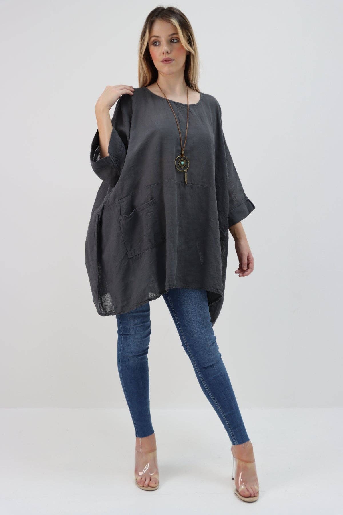 Italian Plain Cotton Necklace Batwing Boxy Top: Light Grey / One Size To Fit UK 10-24