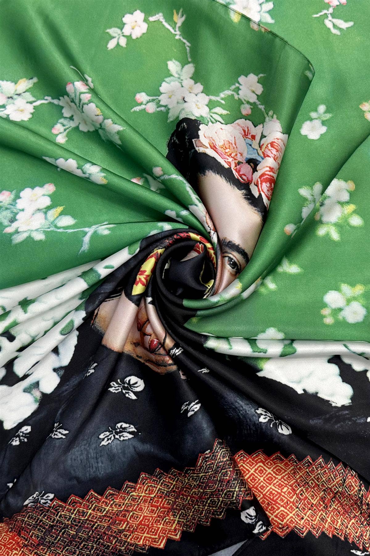 Floral Frida Kahlo Print Silk Square Scarf: Green