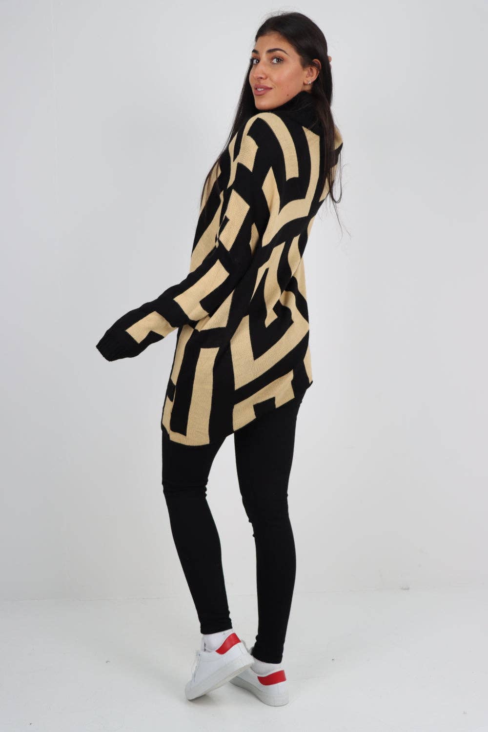 Italian High Neck Fendi Print Knitted Jumper: Khaki / One Size To Fit UK 8-24