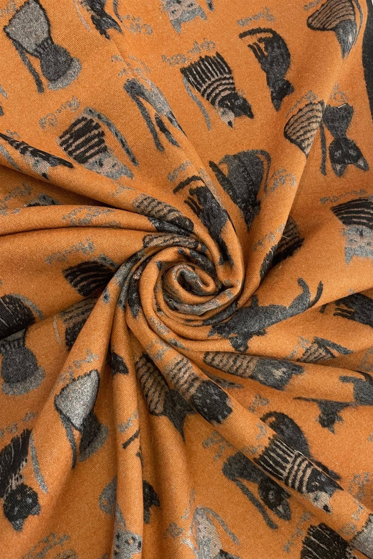 Cat Print Reversible Frayed Scarf: Black