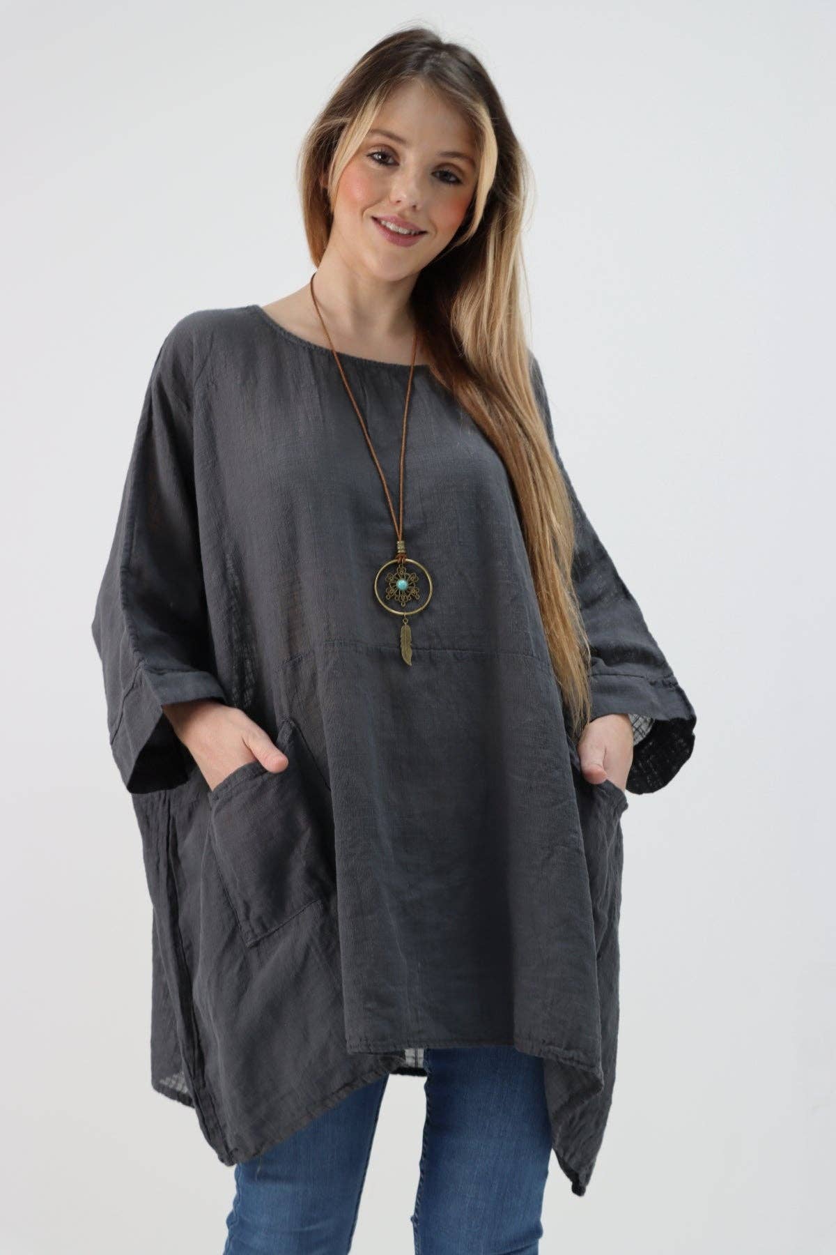 Italian Plain Cotton Necklace Batwing Boxy Top: Light Grey / One Size To Fit UK 10-24