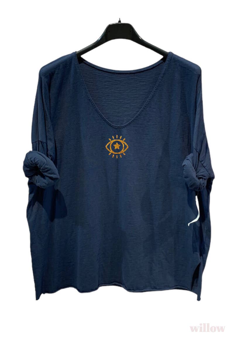 Plain cotton top with long sleeves eye logo: Khaki