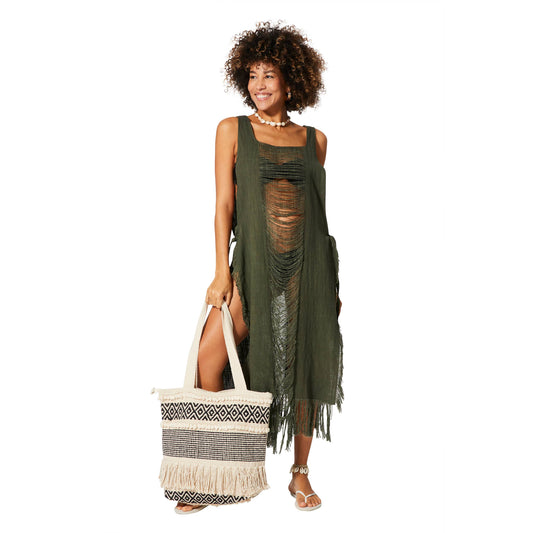 SLEEVELESS MID-LENGTH MID-LENGTH COTTON SUMMER BEACH DRES/SLASH DETAIL