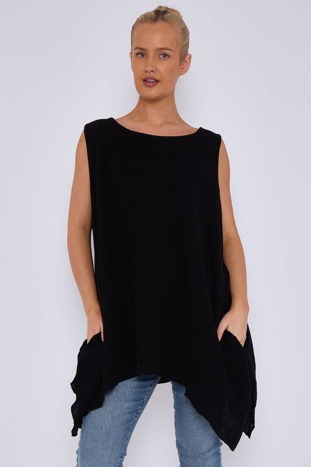 Italian Sleeveless Cheesecloth Cotton Tunic Top: Dark Green / One Size To Fit UK 8-18