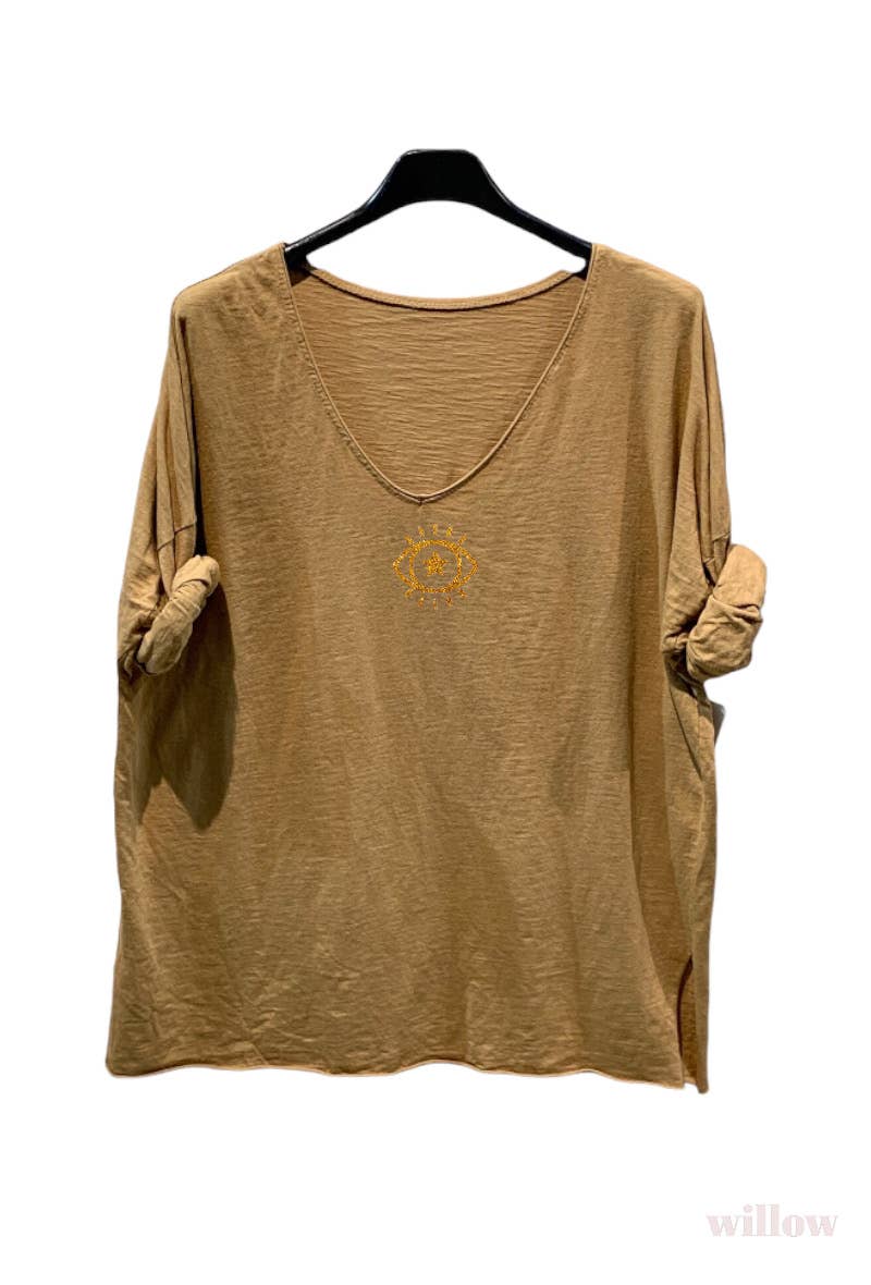 Plain cotton top with long sleeves eye logo: Khaki