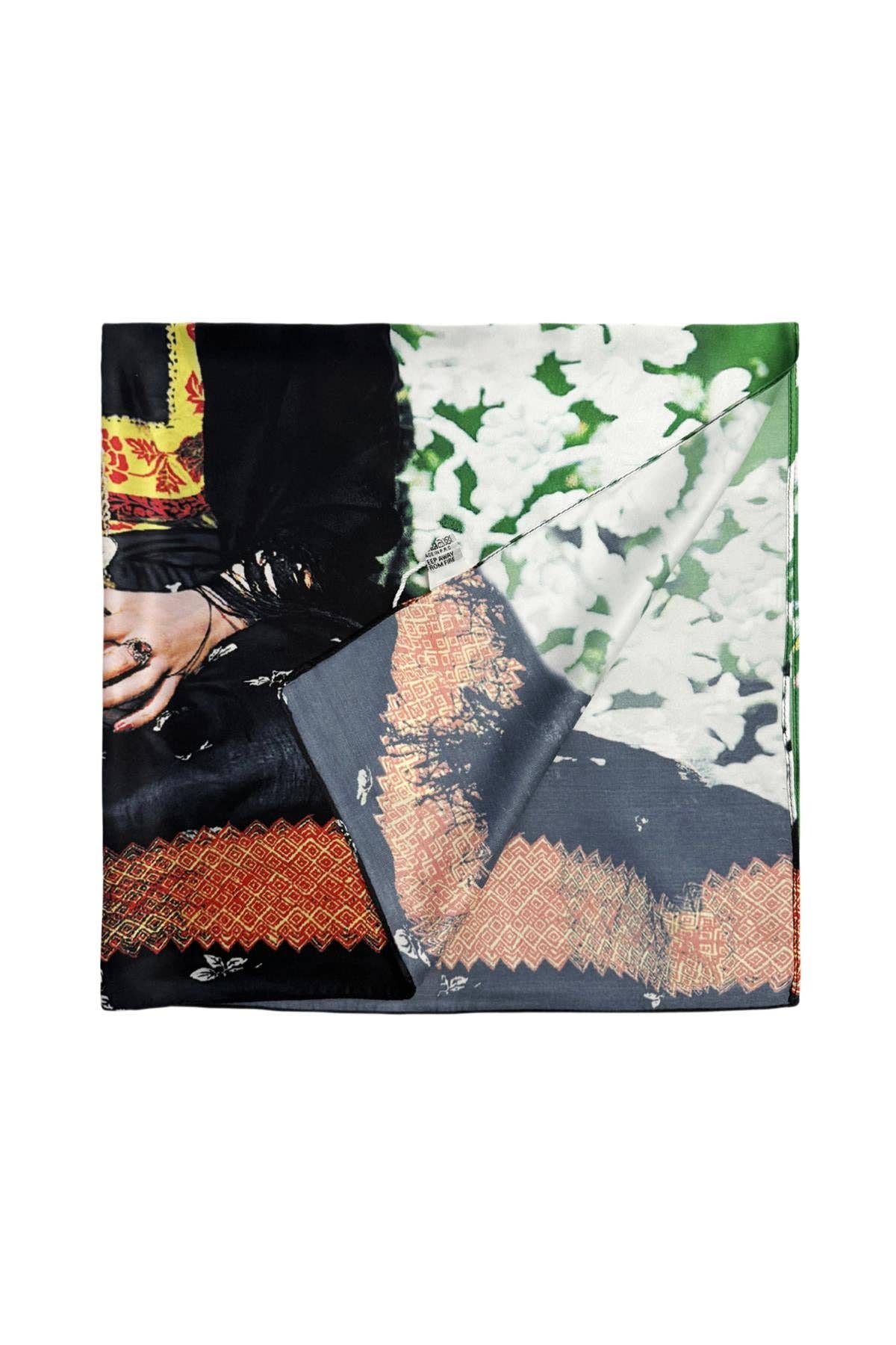 Floral Frida Kahlo Print Silk Square Scarf: Green