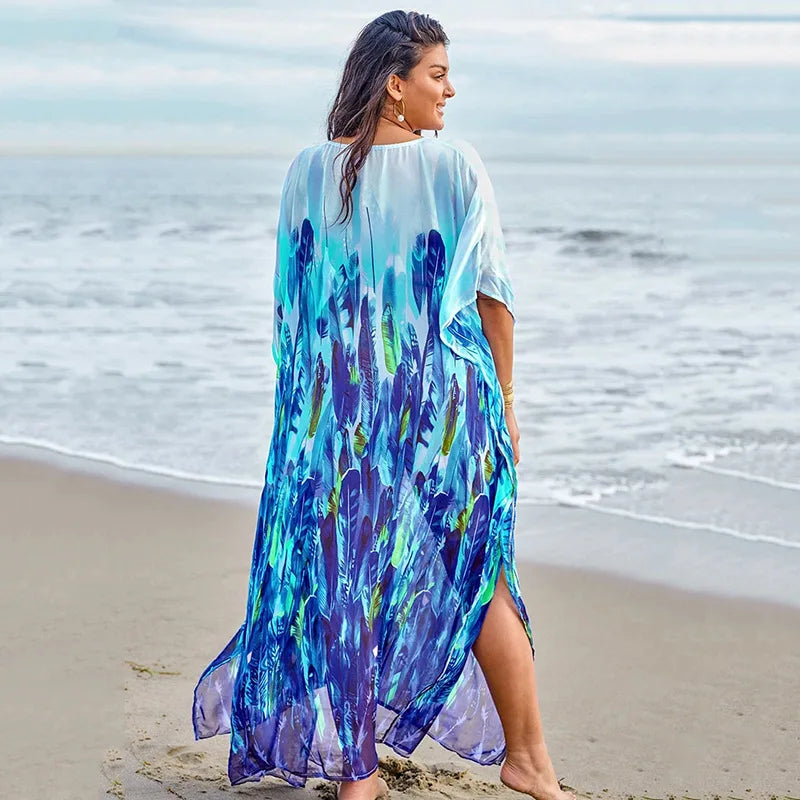 Swimsuit Cover Up Women's Summer Bohemian V Neck Leaf Printed Long Sleeve Beach Casual Long Maxi Dresses Ropa Mujer