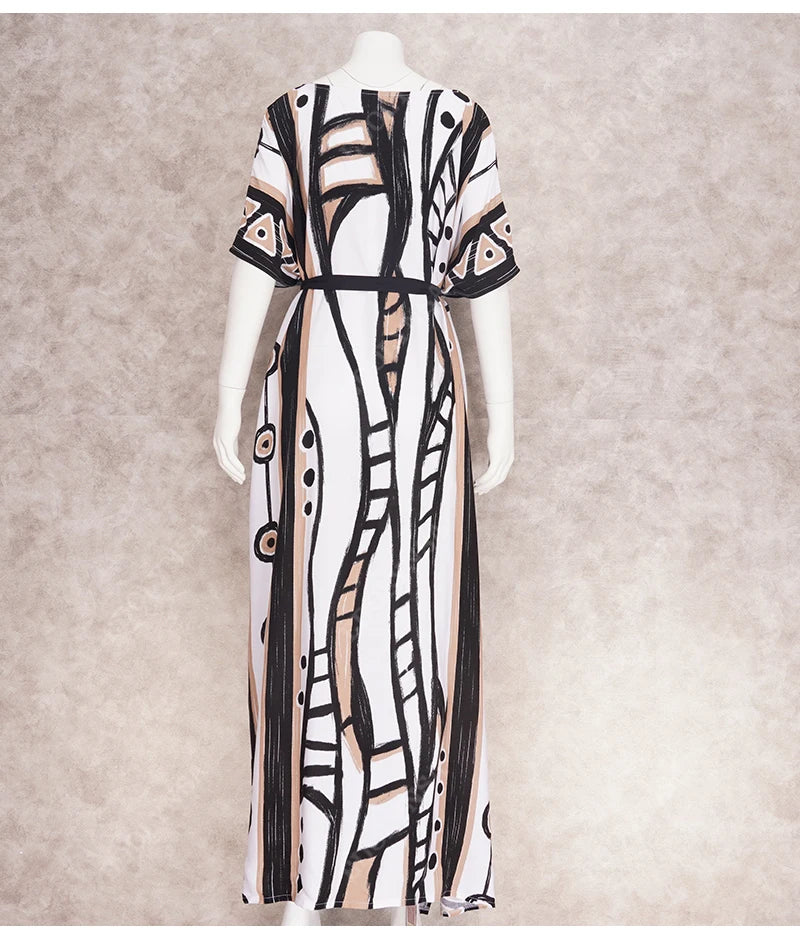 2023 Elegant Long Kaftan Printed V-neck Batwing Sleeve Street Wear Loose Maxi Dresses Women Beach Wear Swim Suit Cover Up Q1341