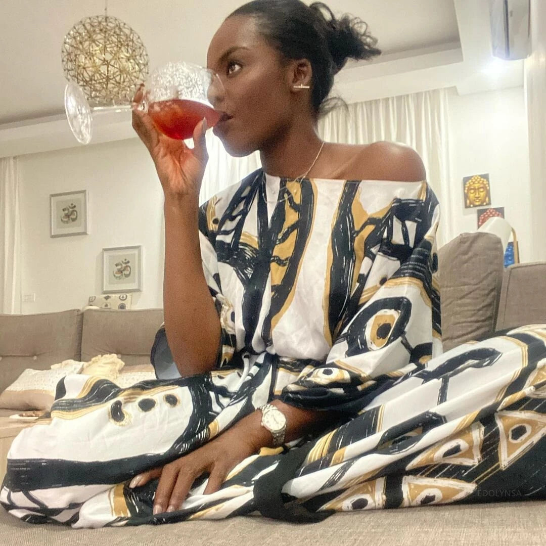 2023 Elegant Long Kaftan Printed V-neck Batwing Sleeve Street Wear Loose Maxi Dresses Women Beach Wear Swim Suit Cover Up Q1341