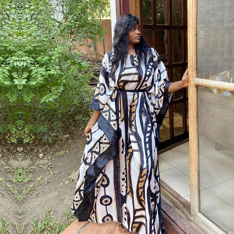 2023 Elegant Long Kaftan Printed V-neck Batwing Sleeve Street Wear Loose Maxi Dresses Women Beach Wear Swim Suit Cover Up Q1341