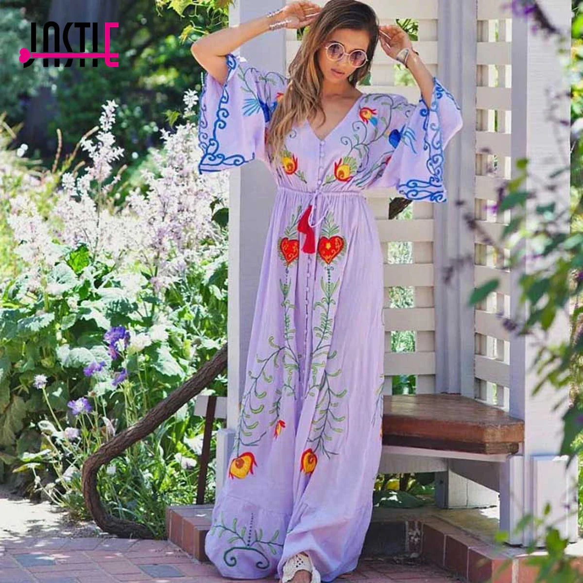 Jastie Embroidered Women Maxi Dress V-Neck Batwing Sleeve Loose Oversize Summer Dresses Drawstring Waist Boho Beach Vestidos