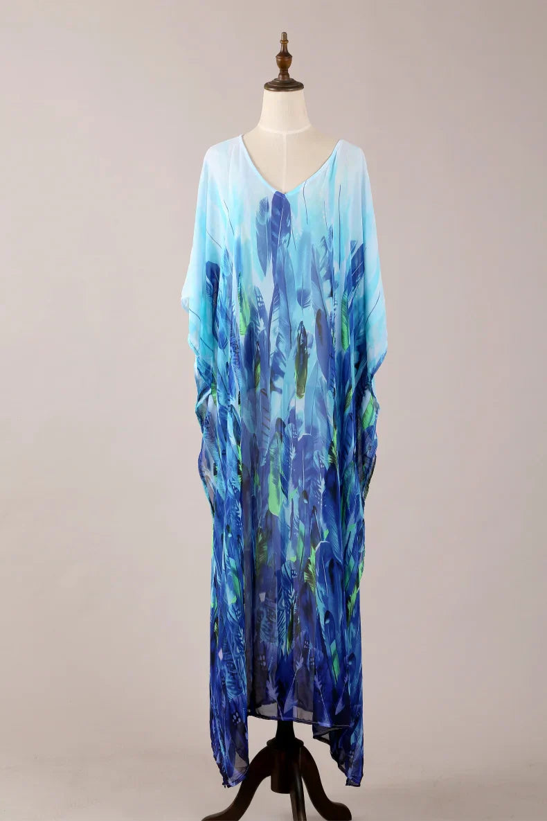 Swimsuit Cover Up Women's Summer Bohemian V Neck Leaf Printed Long Sleeve Beach Casual Long Maxi Dresses Ropa Mujer