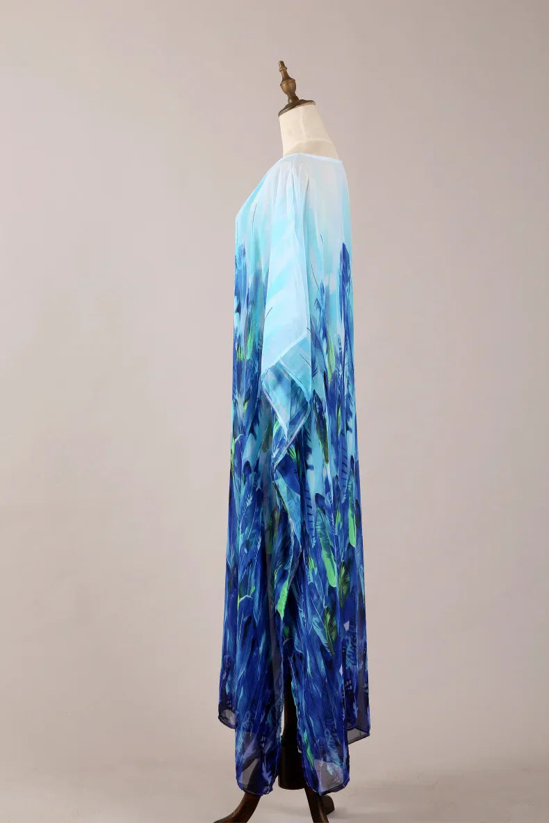 Swimsuit Cover Up Women's Summer Bohemian V Neck Leaf Printed Long Sleeve Beach Casual Long Maxi Dresses Ropa Mujer