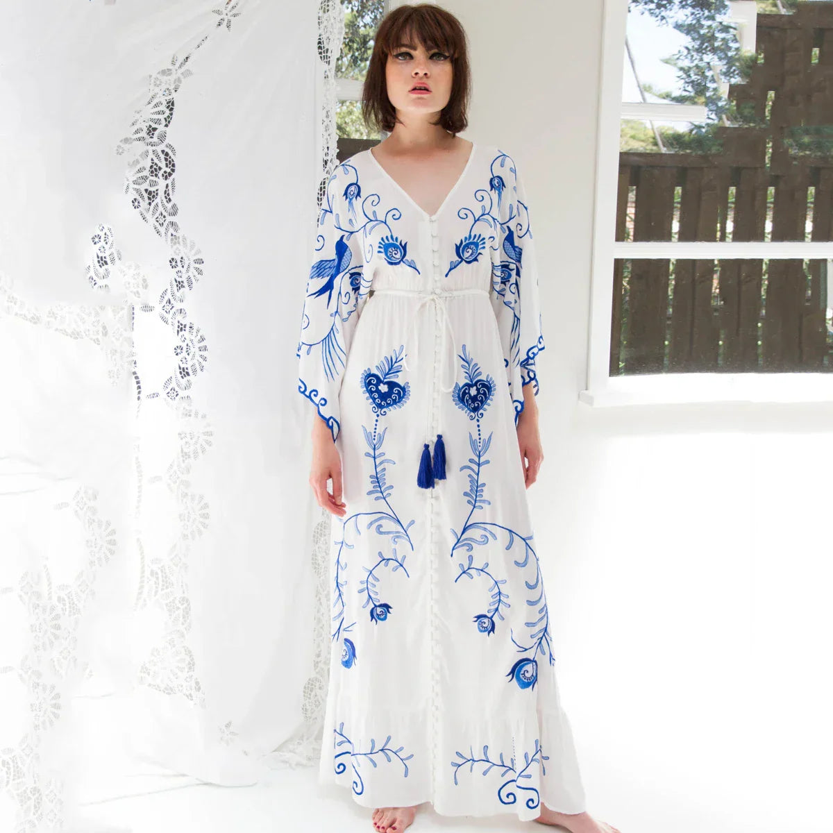 Jastie Embroidered Women Maxi Dress V-Neck Batwing Sleeve Loose Oversize Summer Dresses Drawstring Waist Boho Beach Vestidos