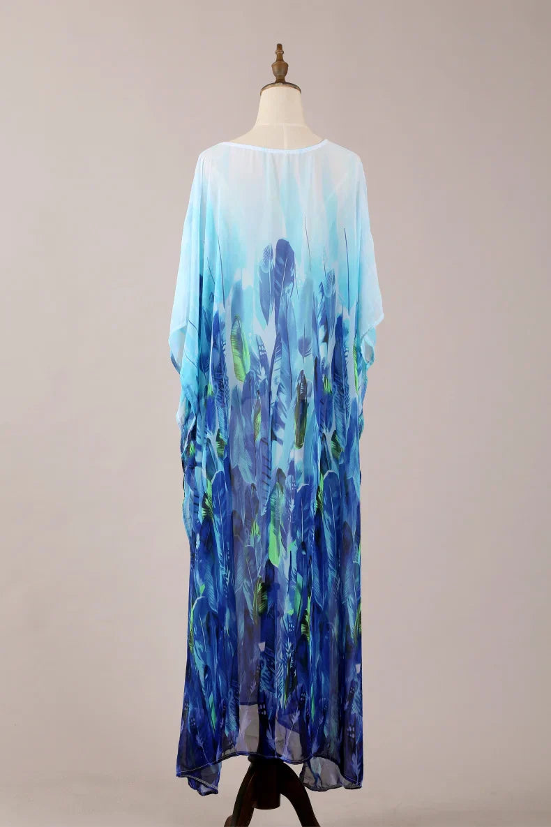 Swimsuit Cover Up Women's Summer Bohemian V Neck Leaf Printed Long Sleeve Beach Casual Long Maxi Dresses Ropa Mujer