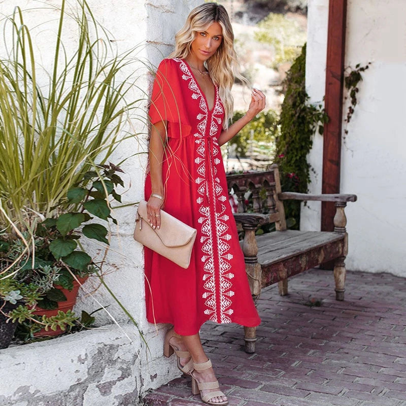 Embroidered Dress Red Casual Boho Rayon Dress.