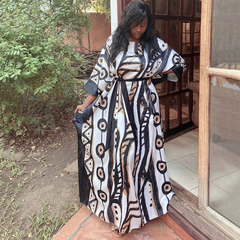 2023 Elegant Long Kaftan Printed V-neck Batwing Sleeve Street Wear Loose Maxi Dresses Women Beach Wear Swim Suit Cover Up Q1341