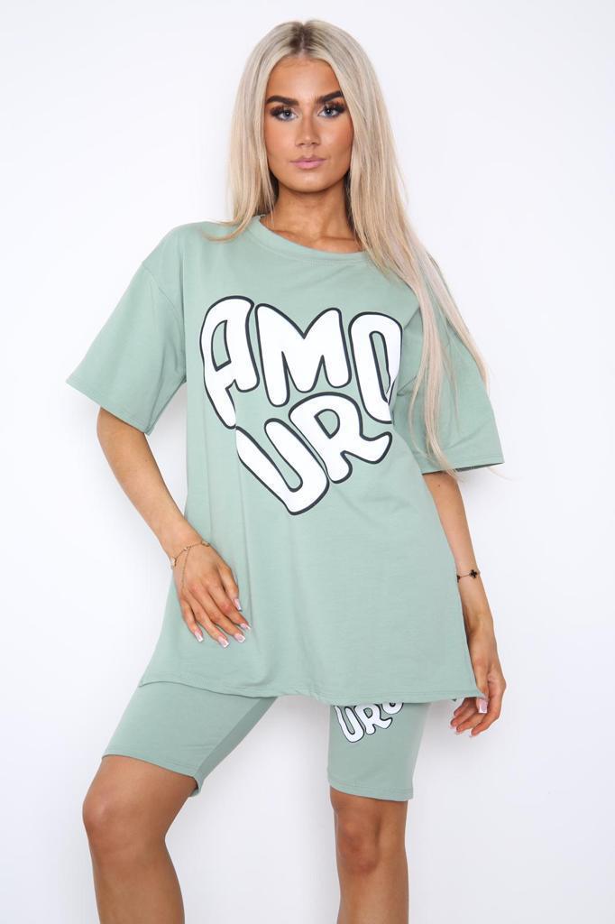 Amour Side Slit Cycling Short and T-Shirts Co-Ord Two Piece Set with Front Amour Slogan