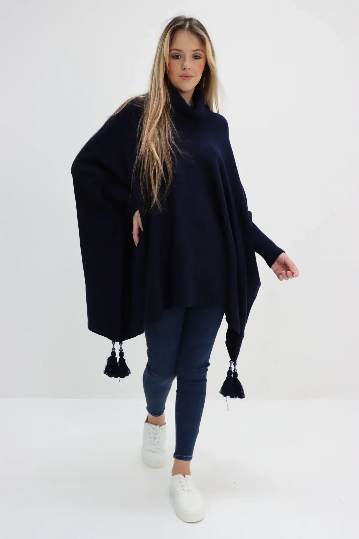 Italian Plain Cowl Neck Batwing Sleeves Tassels Tunic Poncho