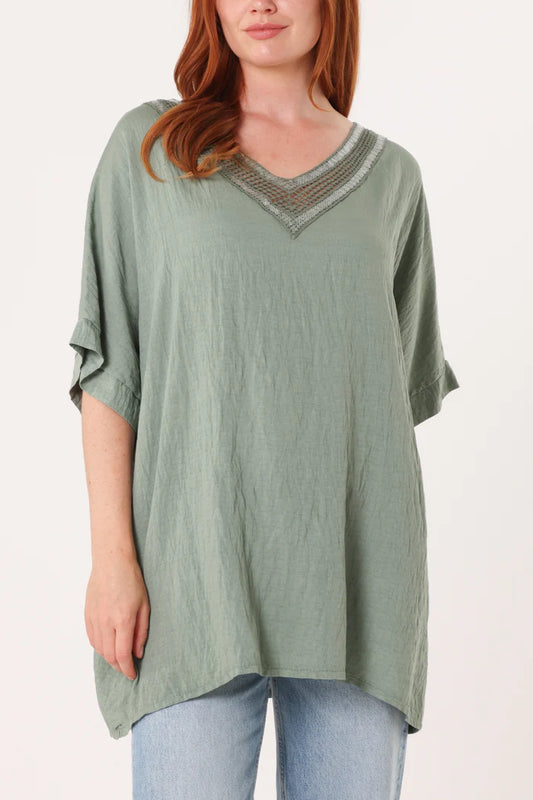 Best Seller Freesize Top/V-Neck Sequins Trim Short Sleeve Top