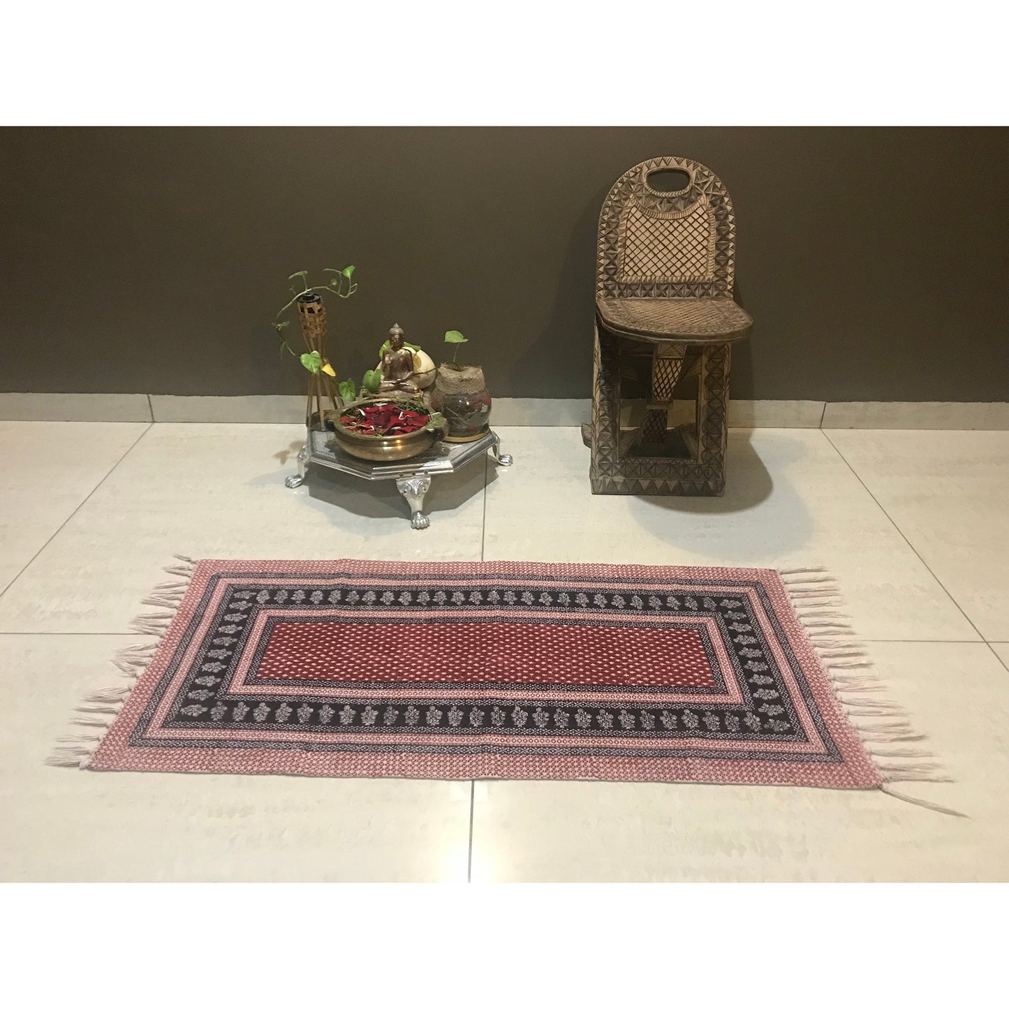 Dots & Floral Hand-block Print Rug - Red Black