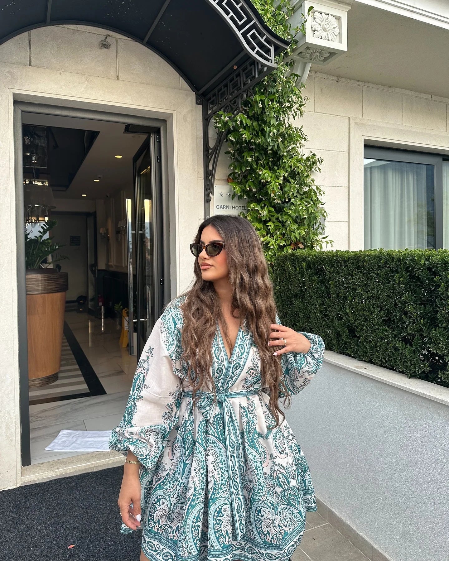 Elegant Printed V Neck Lace Up Long Sleeve Dress