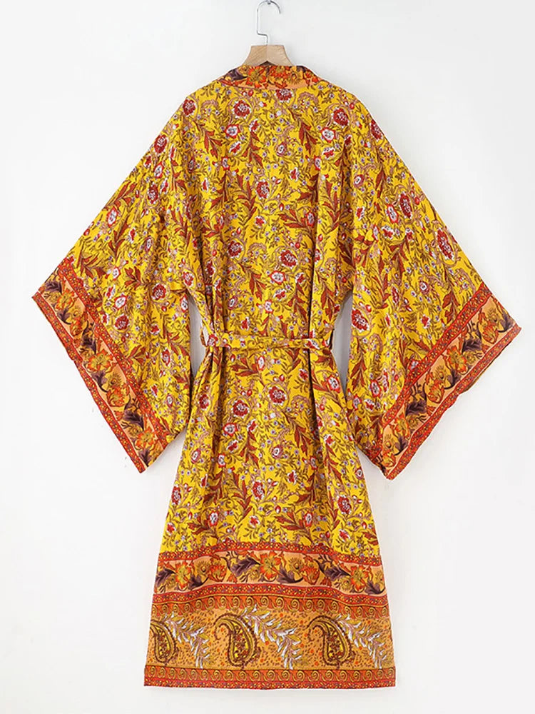 Fitshinling Bohemian Summer Beach Kimono Women Clothing Print Floral Holiday Bikini Cover Up Swimwear Cotton Vintage Cardigan