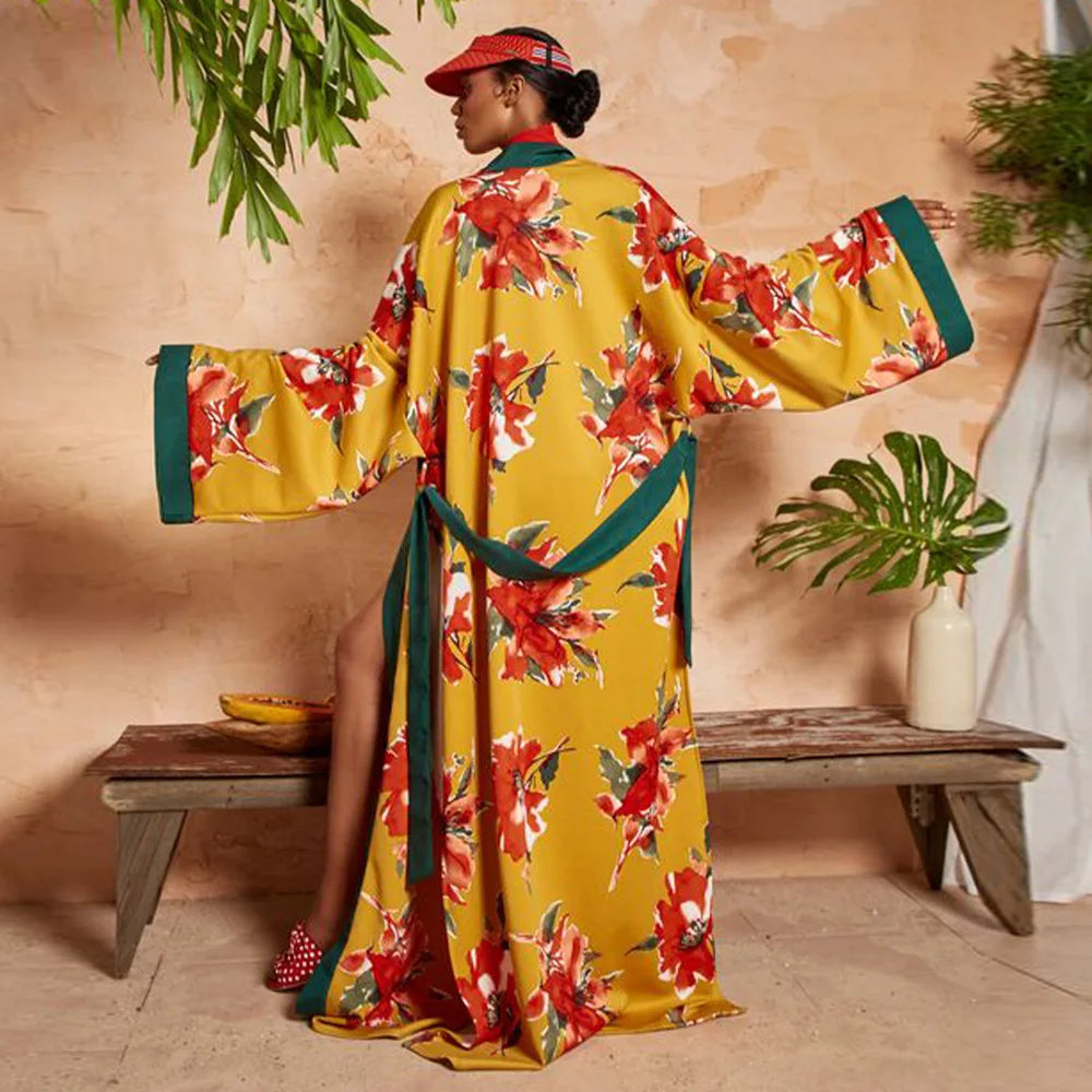New Style Japanese Traditional Kimono Gown With Obi Popular Print Flower Pajamas Women Silk Large Size Bathrobe Yukata Dress