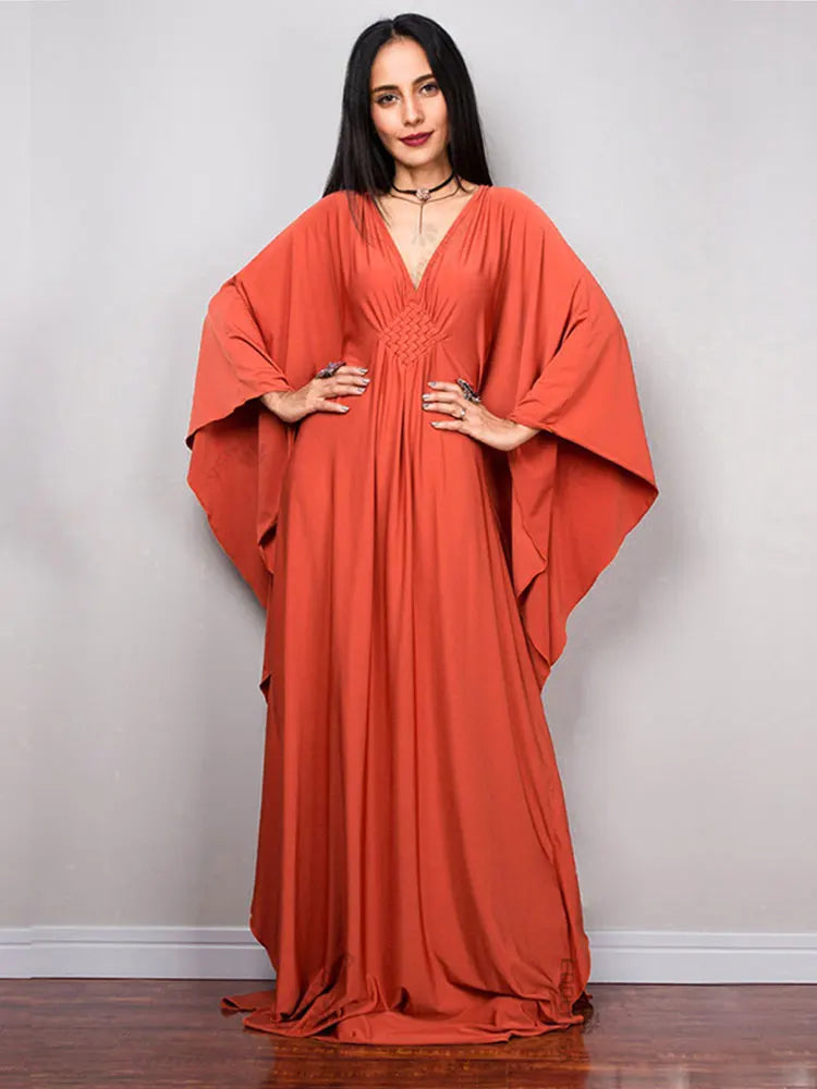 Solid V-neck Batwing Sleeve Plus Size Kaftan