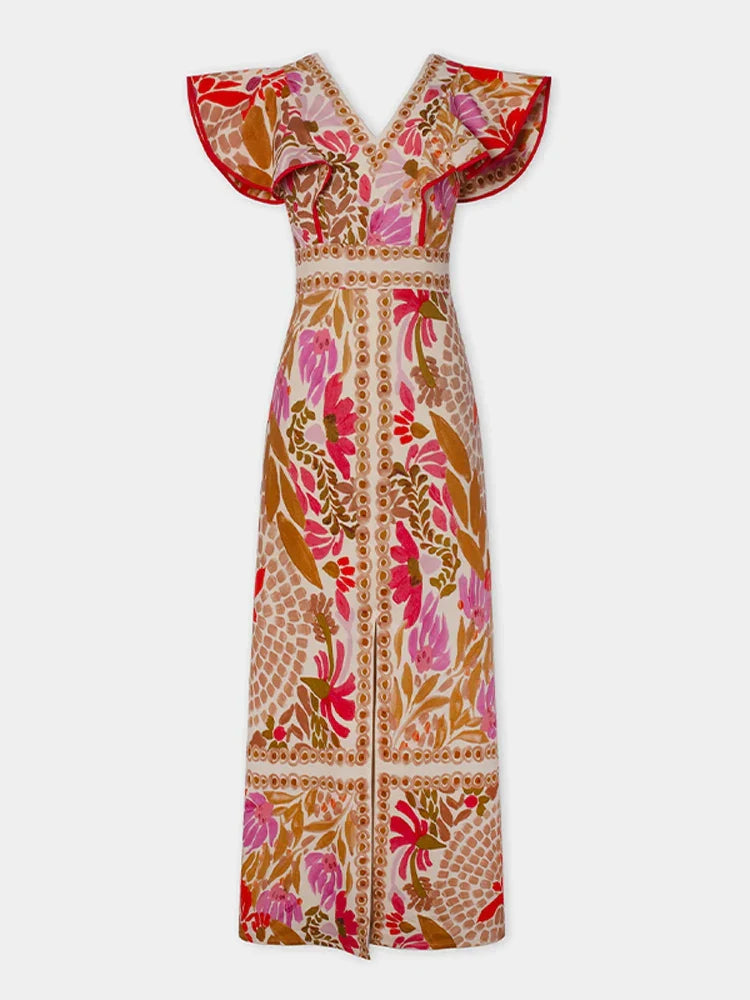 Fashion Flying Sleeved Flower Print Split Maxi Dress Women Fashion V Neck Backless Robes 2024 Summer Chic Female Street Dresses