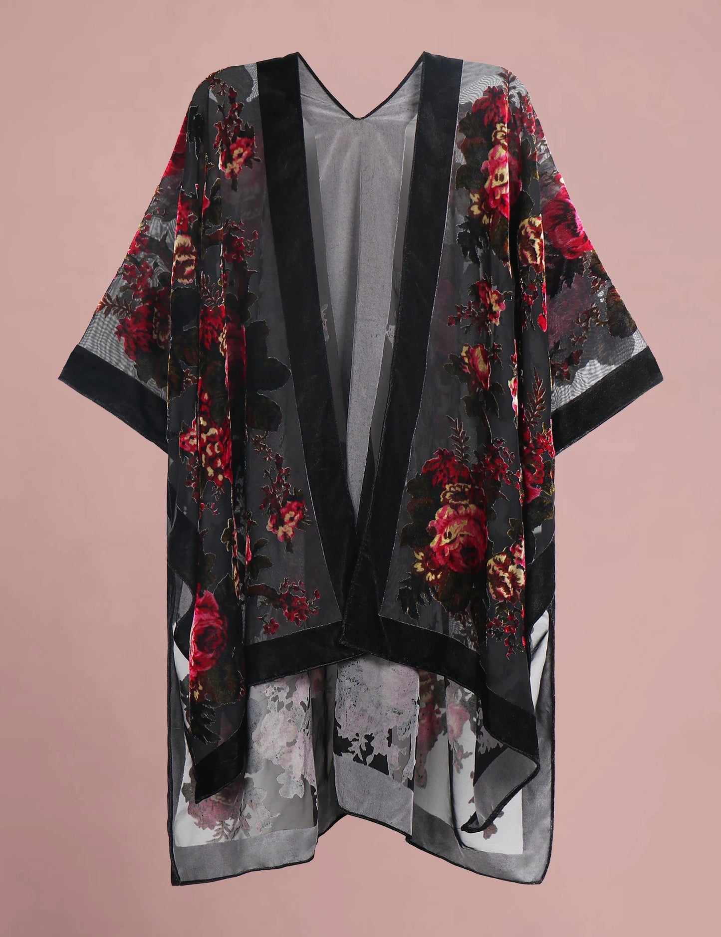 WeHello Bohemian Women's Burnout Velvet Kimono Long Cardigan With Beach Coverup Luxury Holiday Cardigan Shawl Tassel Chiffon
